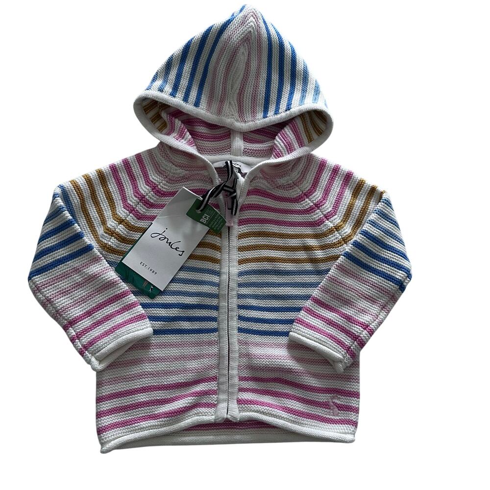 Joules Conway Zip Through Knit Rainbow Stripe Hooded Jacket 0-3M